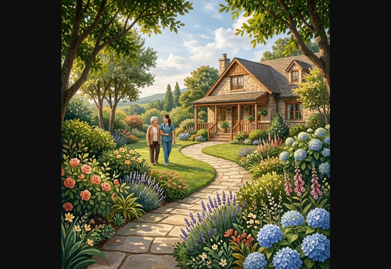 An older adult walking with a caregiver through a welcoming garden