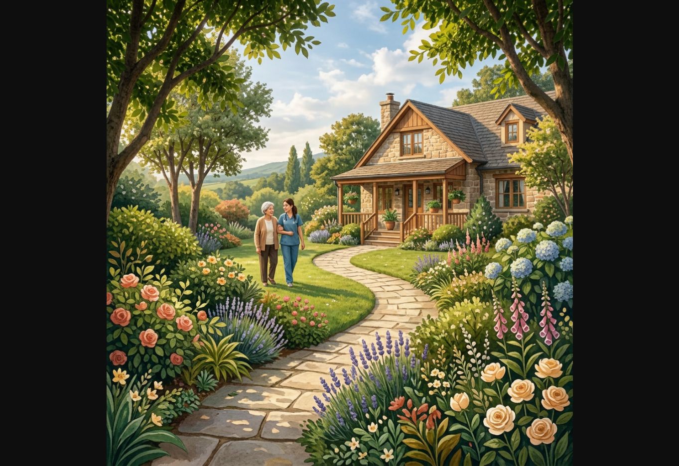 A caregiver accompanying an older adult outside a welcoming residence
